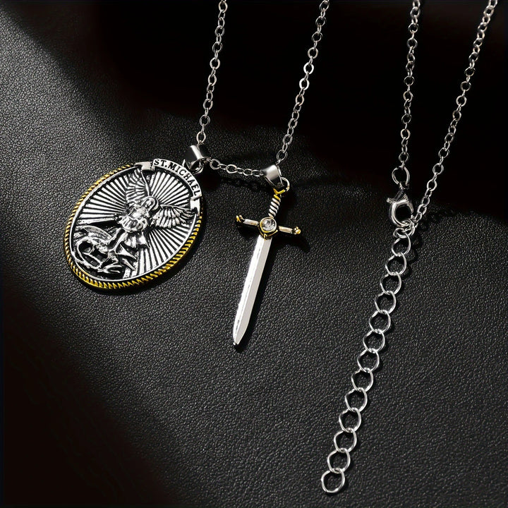 BlessingTree St. Michael the Archangel Medal Necklace with Sword Charm Alloy Catholic Pendant