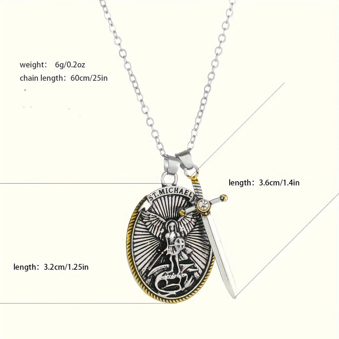 BlessingTree St. Michael the Archangel Medal Necklace with Sword Charm Alloy Catholic Pendant