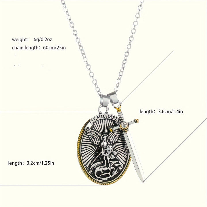 BlessingTree St. Michael the Archangel Medal Necklace with Sword Charm Alloy Catholic Pendant
