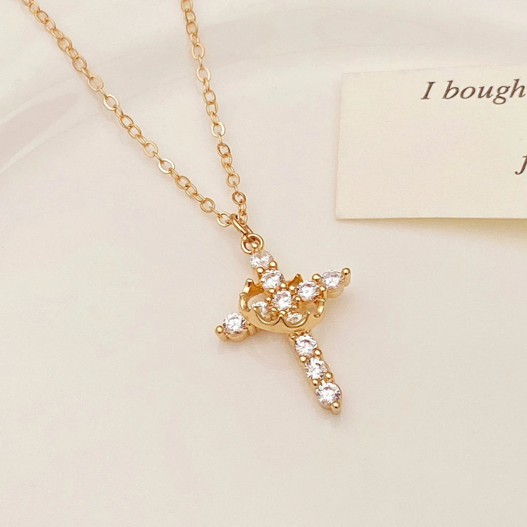 BlessingTree Rotatable Crown Cross Pendant Necklace Stainless Steel Chain Christian Jewelry