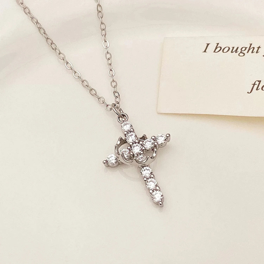 BlessingTree Rotatable Crown Cross Pendant Necklace Stainless Steel Chain Christian Jewelry