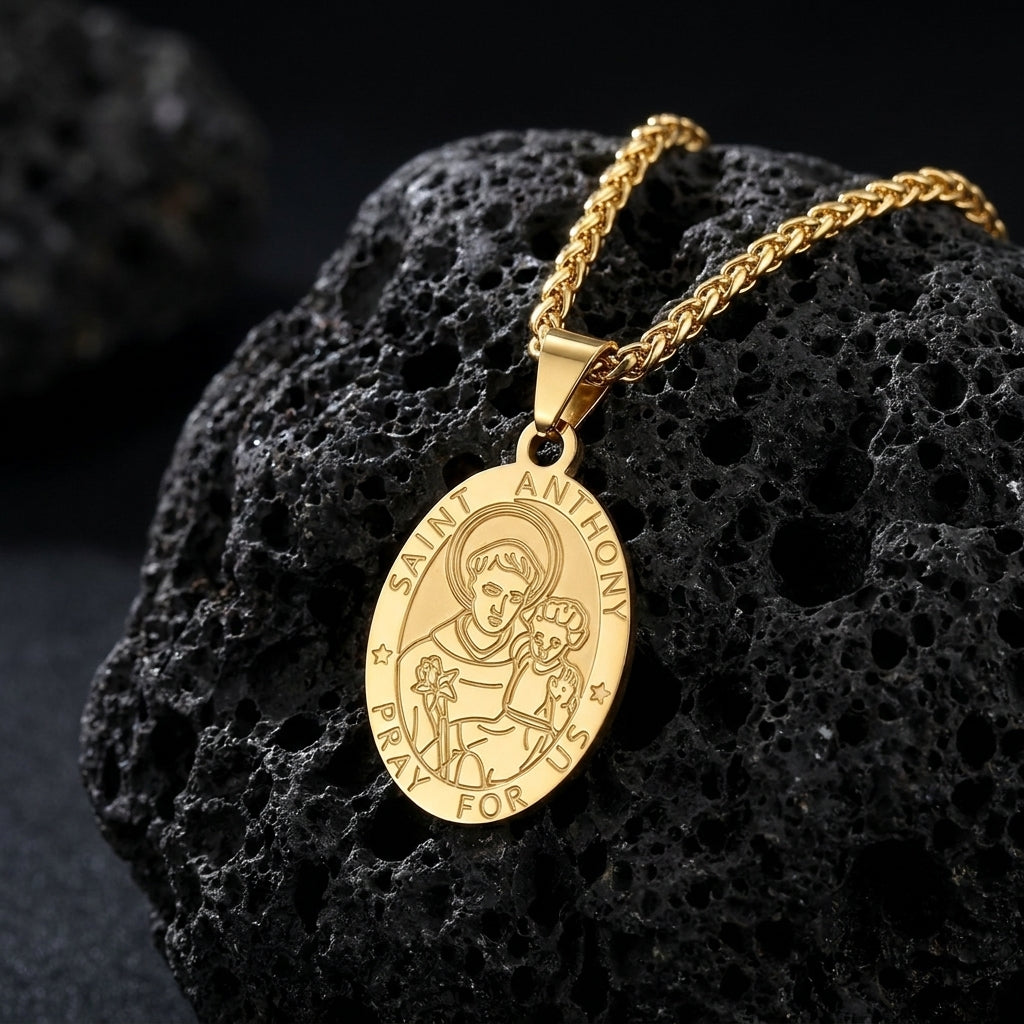 BlessingTree Catholic Patron Saint Oval Medal Pendant Necklace 18K Gold Plated Stainless Steel