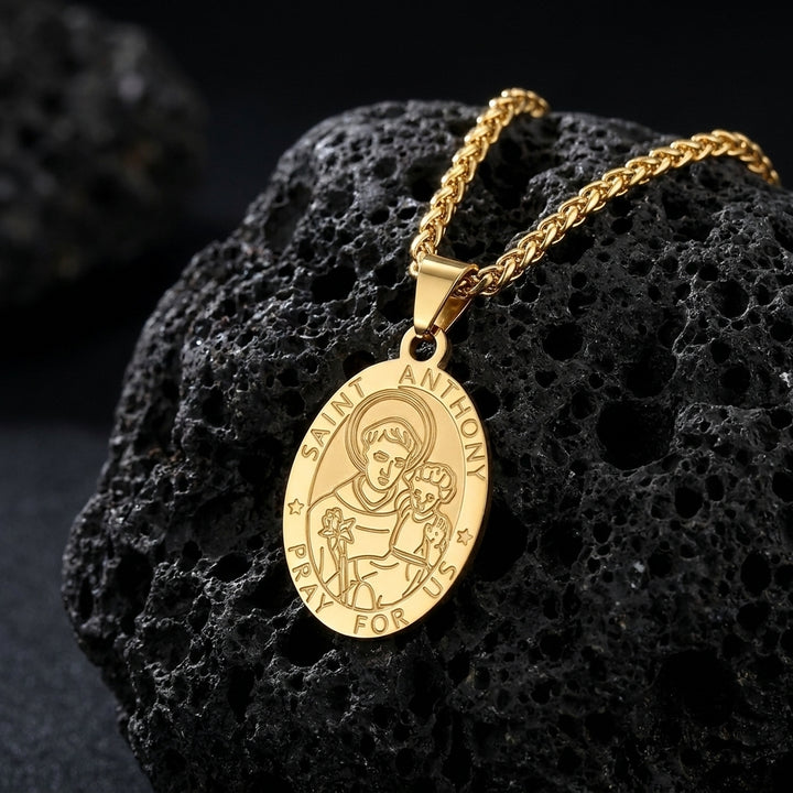 BlessingTree Catholic Patron Saint Oval Medal Pendant Necklace 18K Gold Plated Stainless Steel