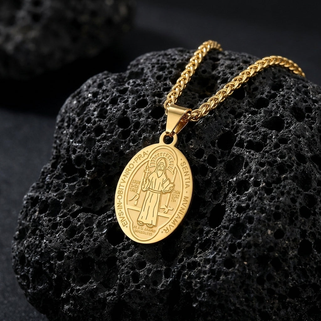 BlessingTree Catholic Patron Saint Oval Medal Pendant Necklace 18K Gold Plated Stainless Steel
