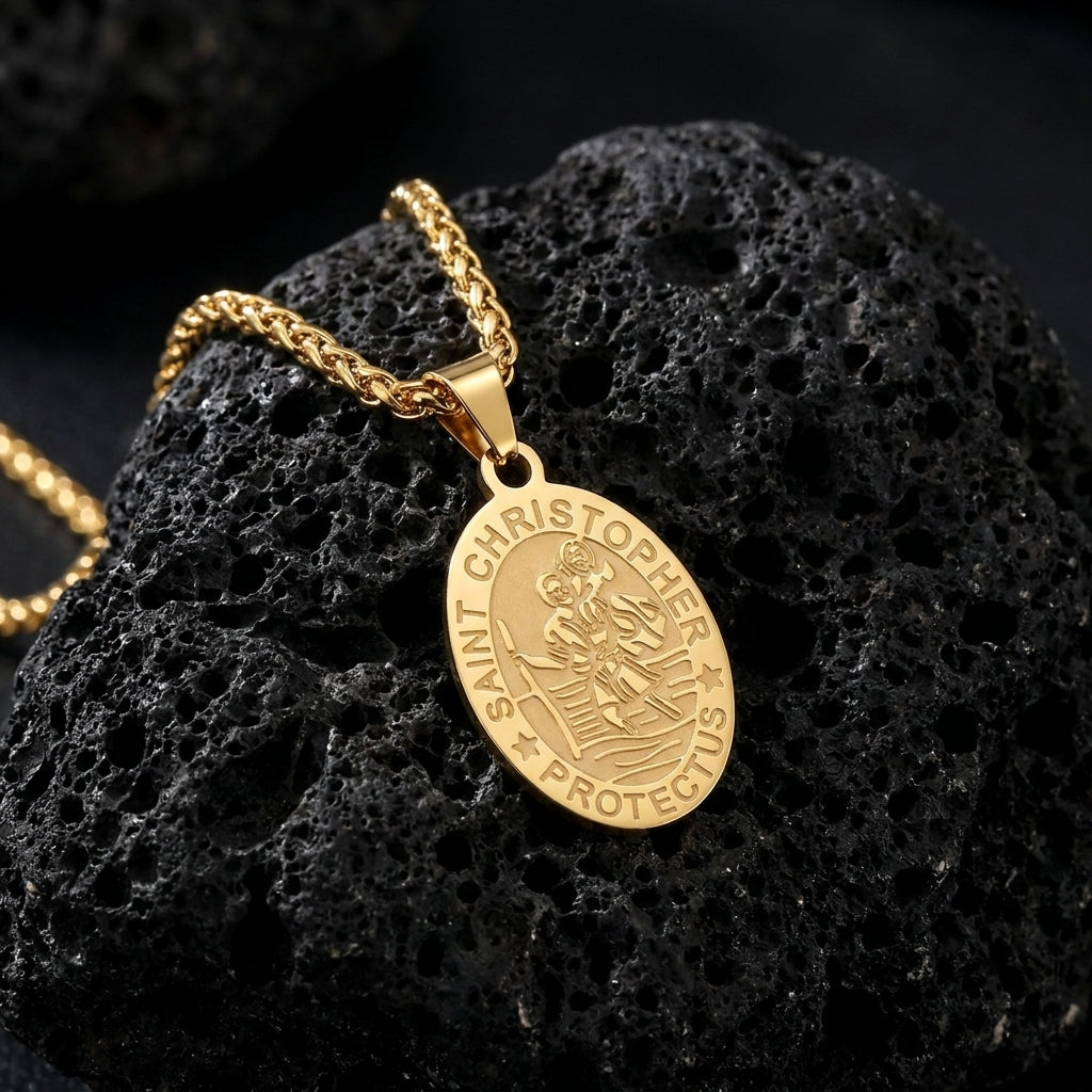 BlessingTree Catholic Patron Saint Oval Medal Pendant Necklace 18K Gold Plated Stainless Steel