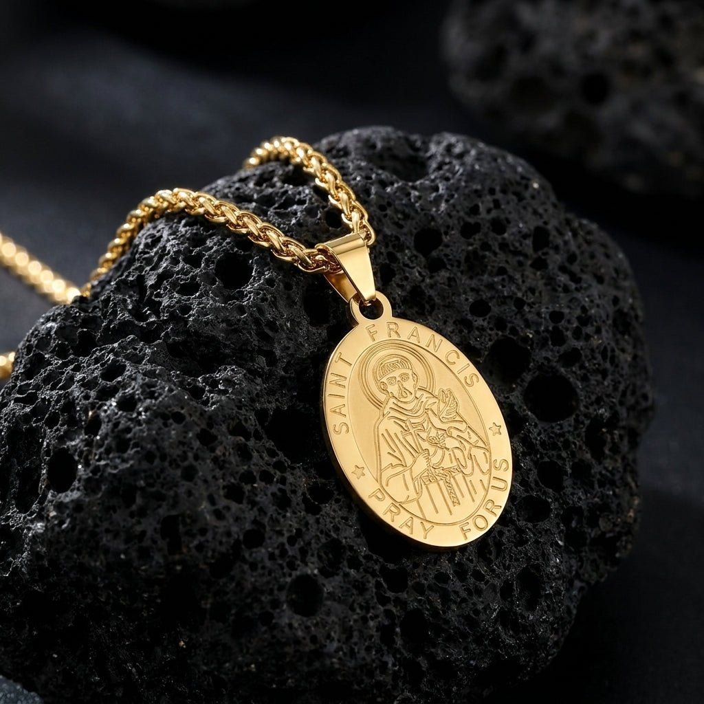 BlessingTree Catholic Patron Saint Oval Medal Pendant Necklace 18K Gold Plated Stainless Steel