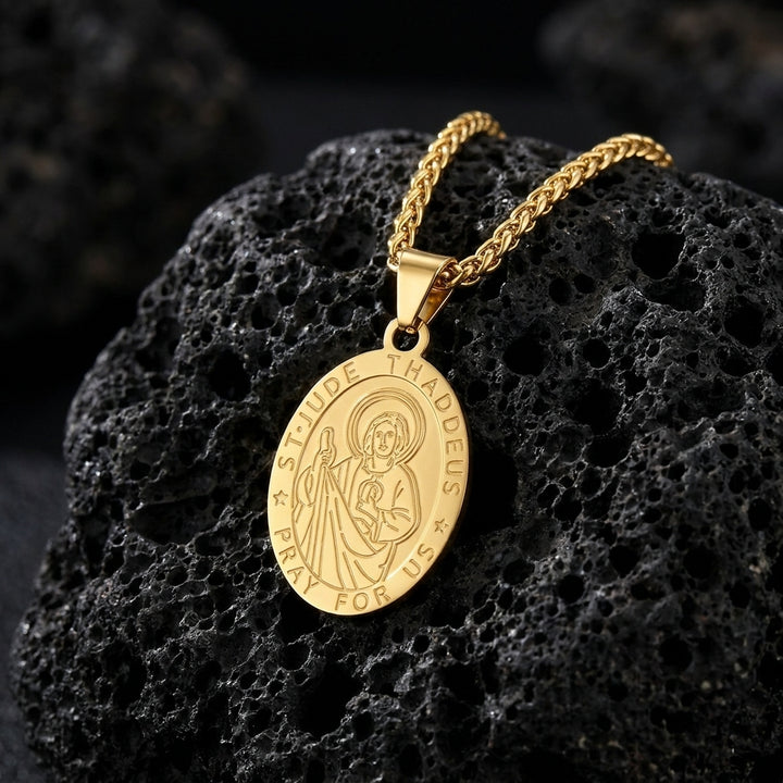 BlessingTree Catholic Patron Saint Oval Medal Pendant Necklace 18K Gold Plated Stainless Steel