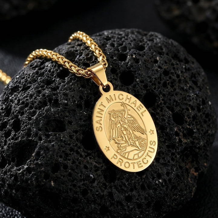 BlessingTree Catholic Patron Saint Oval Medal Pendant Necklace 18K Gold Plated Stainless Steel