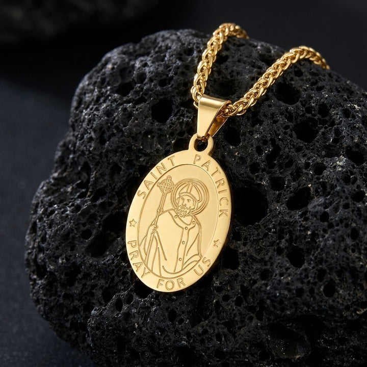 BlessingTree Catholic Patron Saint Oval Medal Pendant Necklace 18K Gold Plated Stainless Steel