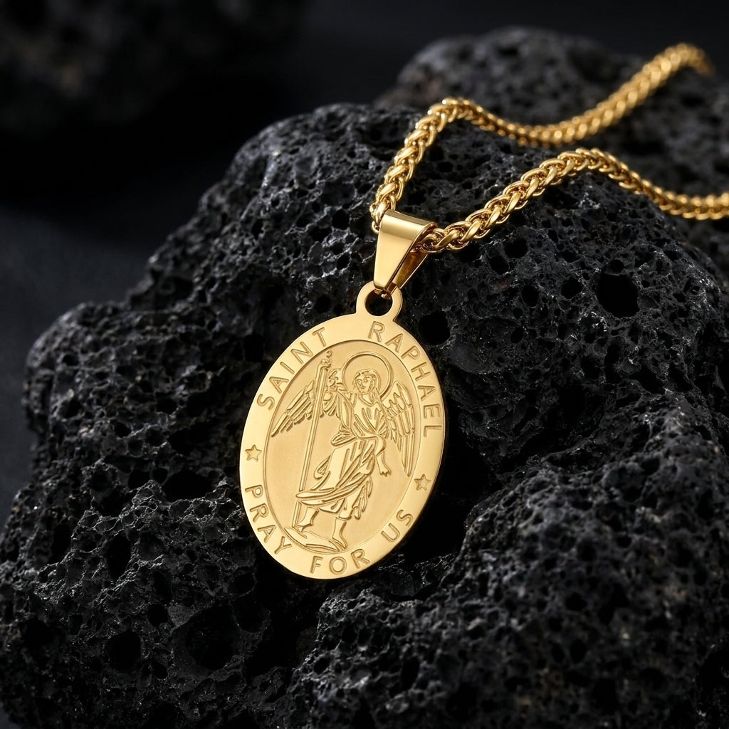 BlessingTree Catholic Patron Saint Oval Medal Pendant Necklace 18K Gold Plated Stainless Steel