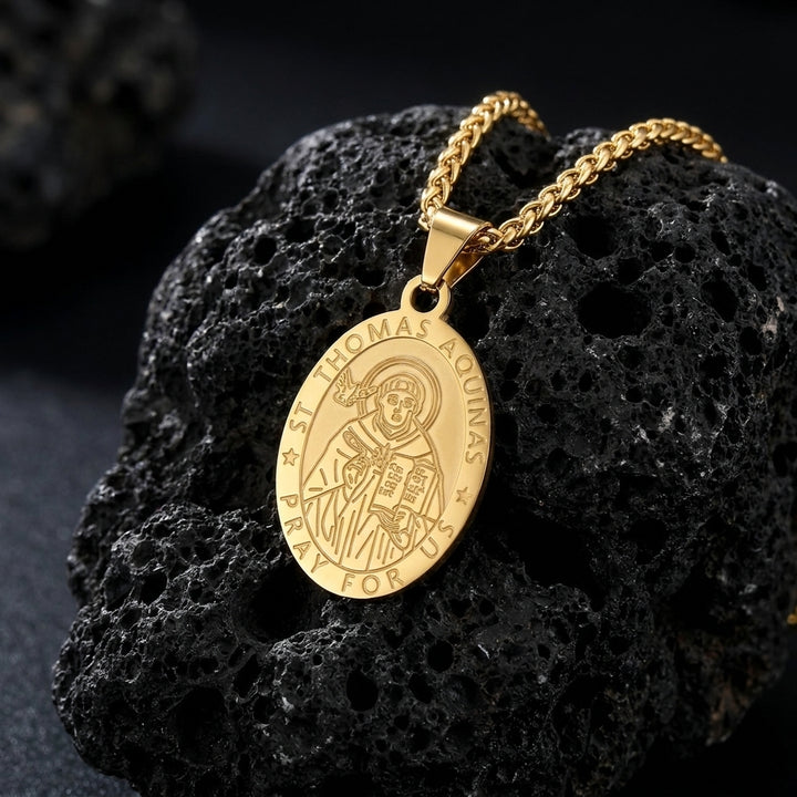 BlessingTree Catholic Patron Saint Oval Medal Pendant Necklace 18K Gold Plated Stainless Steel