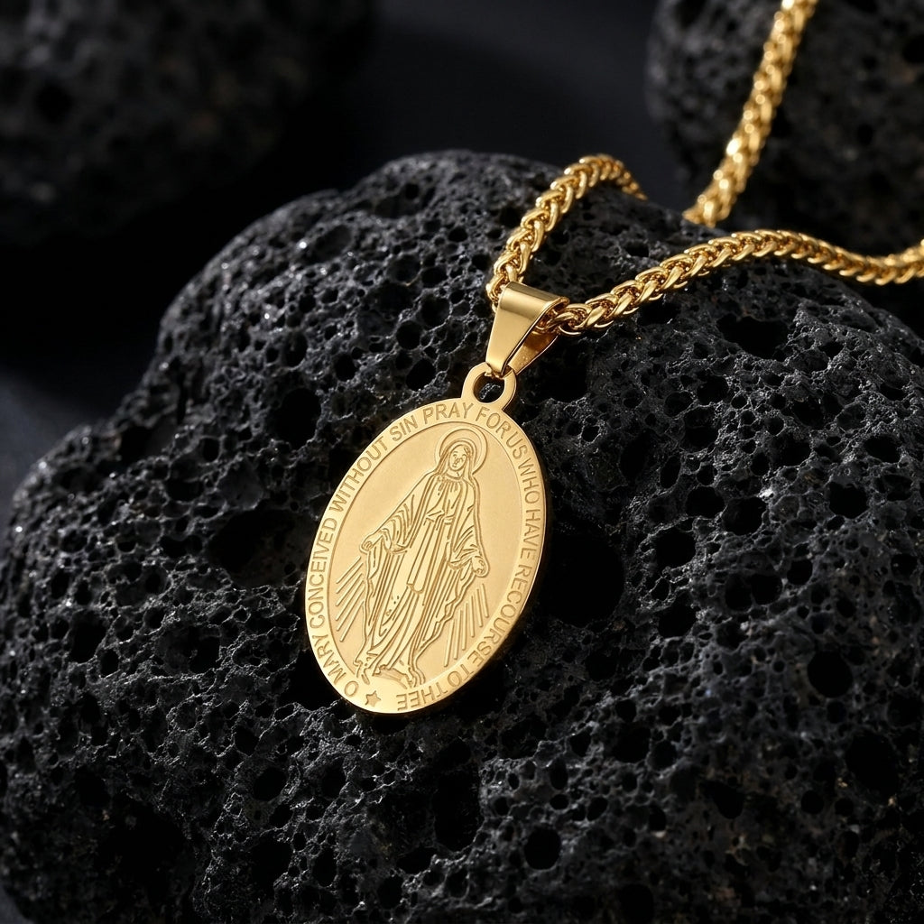 BlessingTree Catholic Patron Saint Oval Medal Pendant Necklace 18K Gold Plated Stainless Steel