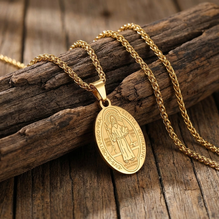 BlessingTree Catholic Patron Saint Oval Medal Pendant Necklace 18K Gold Plated Stainless Steel