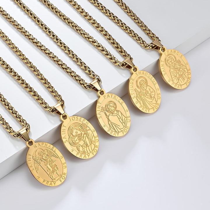 BlessingTree Catholic Patron Saint Oval Medal Pendant Necklace 18K Gold Plated Stainless Steel