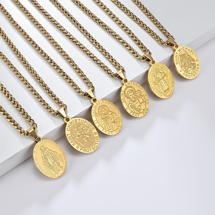 BlessingTree Catholic Patron Saint Oval Medal Pendant Necklace 18K Gold Plated Stainless Steel