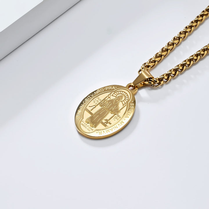 BlessingTree Catholic Patron Saint Oval Medal Pendant Necklace 18K Gold Plated Stainless Steel