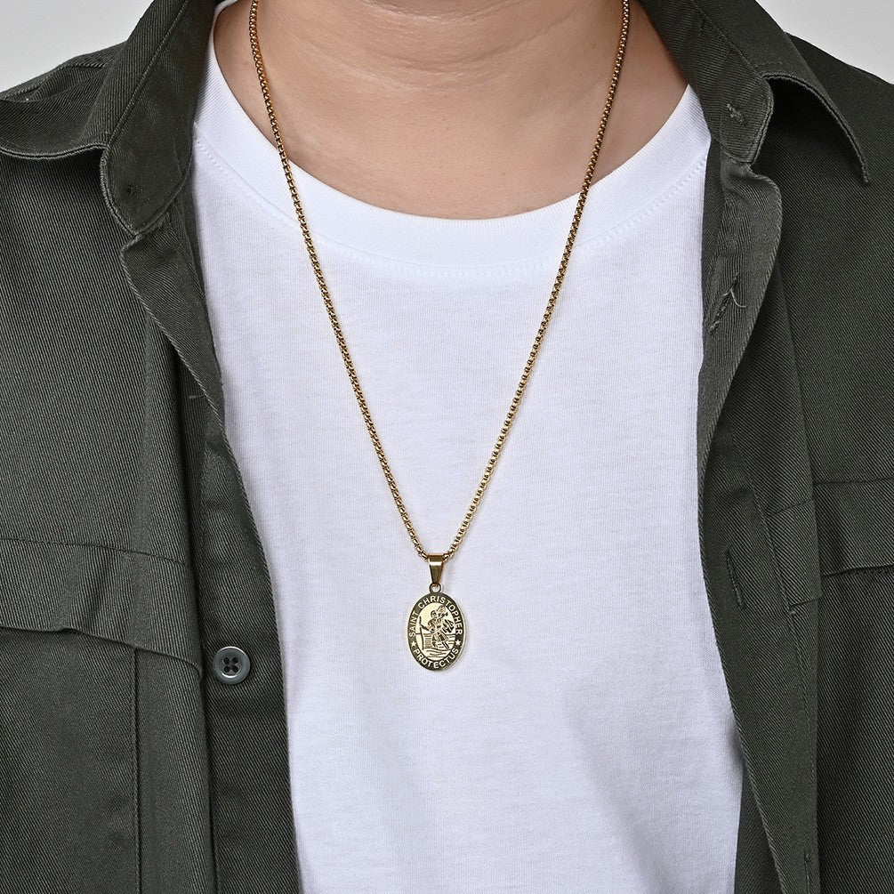 BlessingTree Catholic Patron Saint Oval Medal Pendant Necklace 18K Gold Plated Stainless Steel