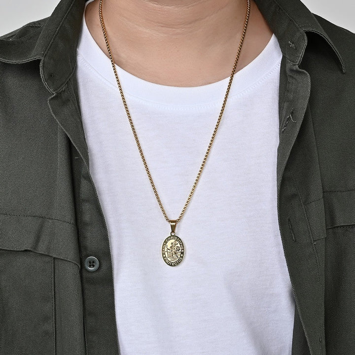 BlessingTree Catholic Patron Saint Oval Medal Pendant Necklace 18K Gold Plated Stainless Steel