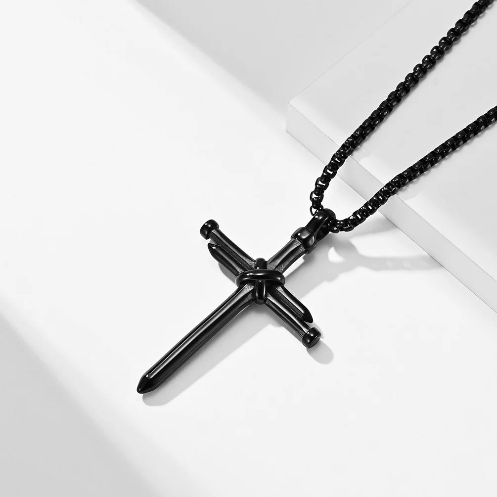 BlessingTree Nail Cross Necklace Stainless Steel Three Nails Pendant 60cm Box Chain