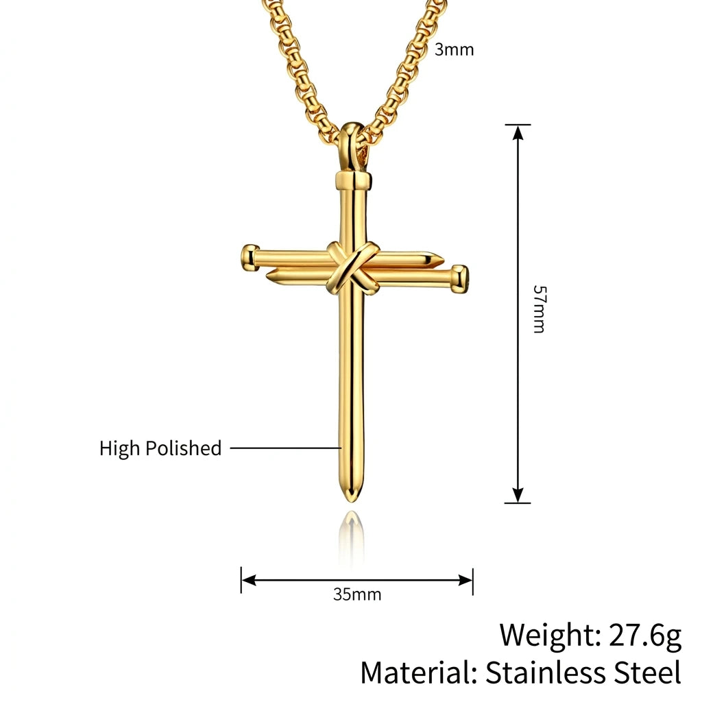 BlessingTree Nail Cross Necklace Stainless Steel Three Nails Pendant 60cm Box Chain