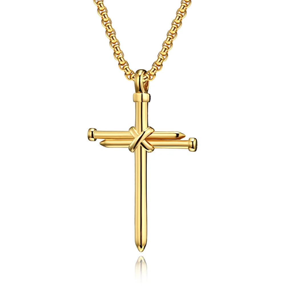 BlessingTree Nail Cross Necklace Stainless Steel Three Nails Pendant 60cm Box Chain