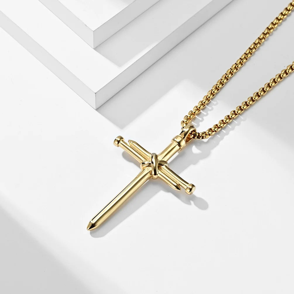 BlessingTree Nail Cross Necklace Stainless Steel Three Nails Pendant 60cm Box Chain