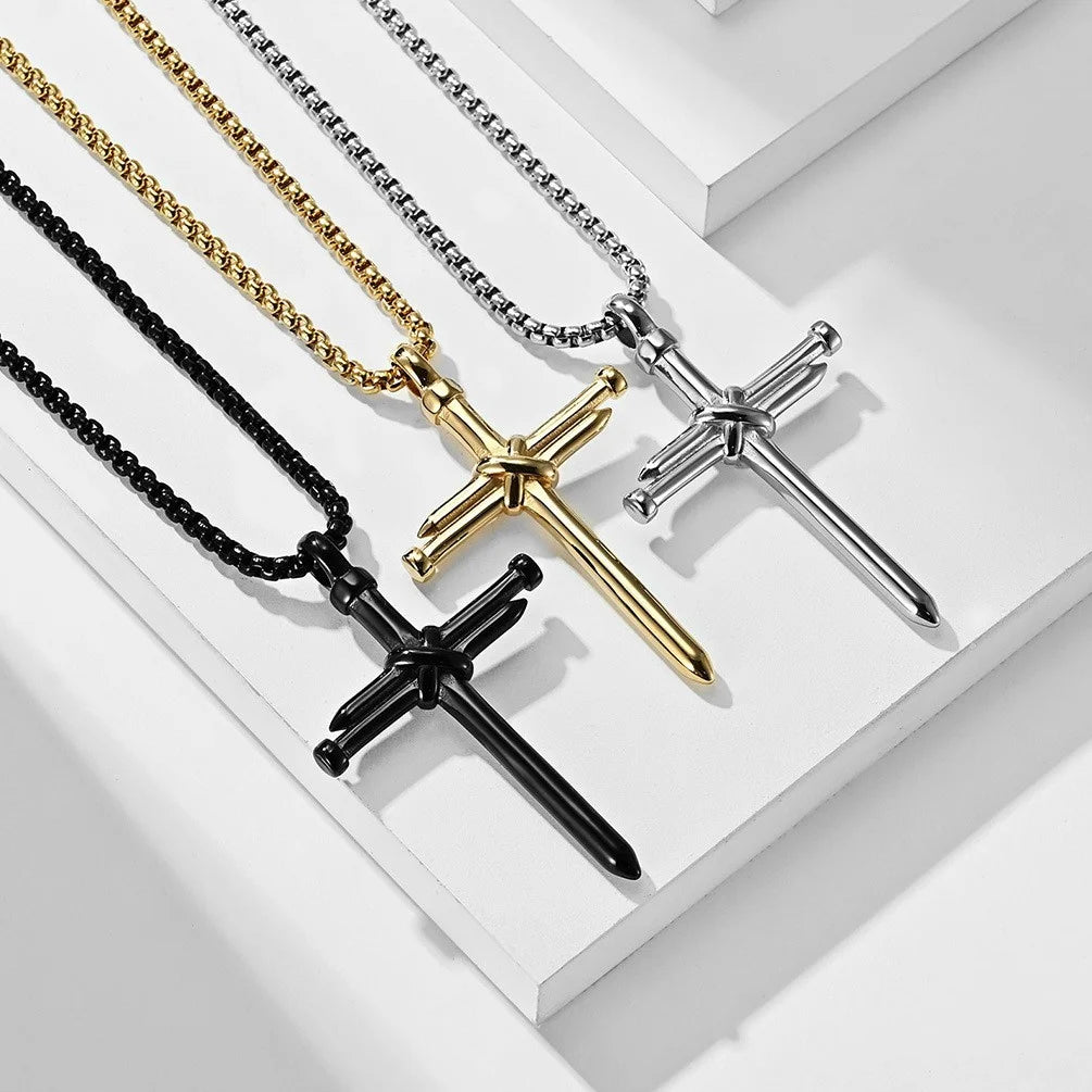 BlessingTree Nail Cross Necklace Stainless Steel Three Nails Pendant 60cm Box Chain