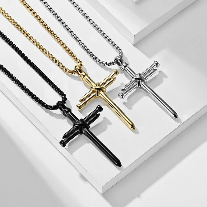 BlessingTree Nail Cross Necklace Stainless Steel Three Nails Pendant 60cm Box Chain