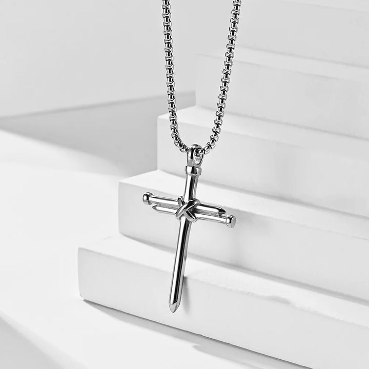 BlessingTree Nail Cross Necklace Stainless Steel Three Nails Pendant 60cm Box Chain