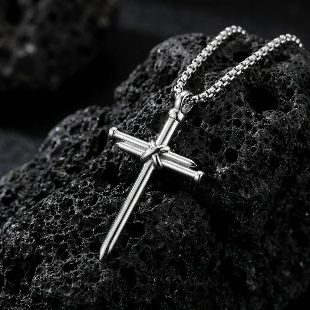 BlessingTree Nail Cross Necklace Stainless Steel Three Nails Pendant 60cm Box Chain