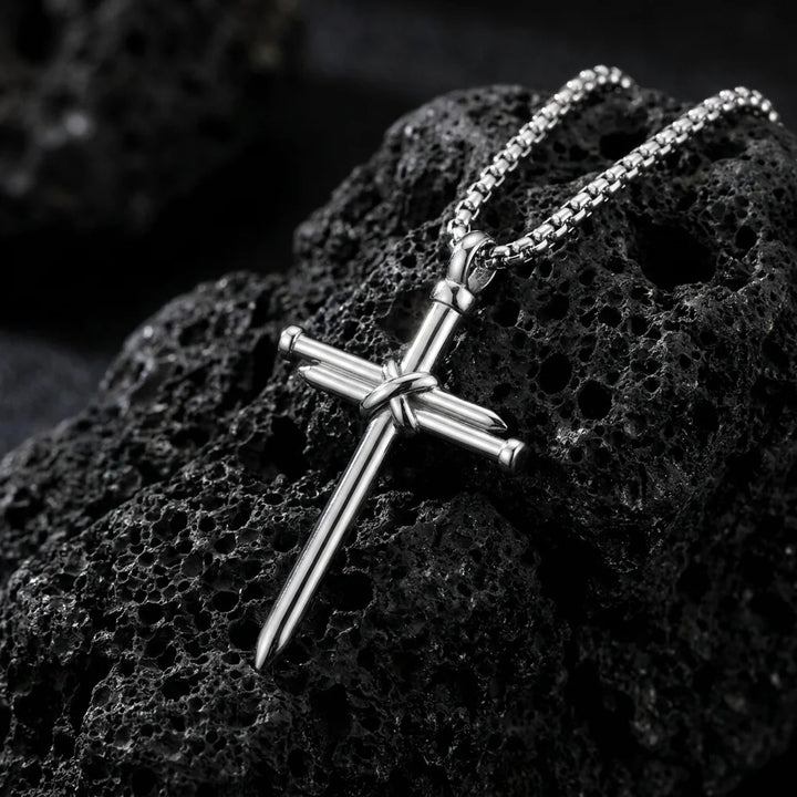 BlessingTree Nail Cross Necklace Stainless Steel Three Nails Pendant 60cm Box Chain