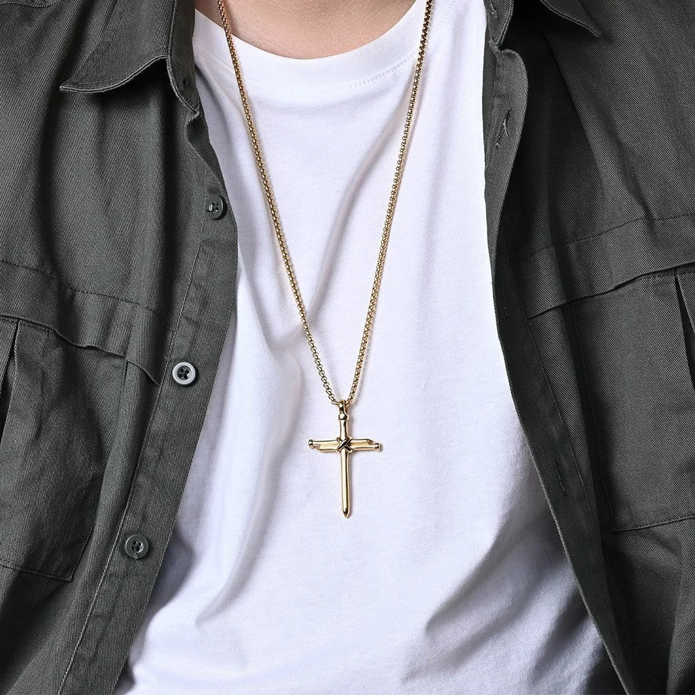 BlessingTree Nail Cross Necklace Stainless Steel Three Nails Pendant 60cm Box Chain