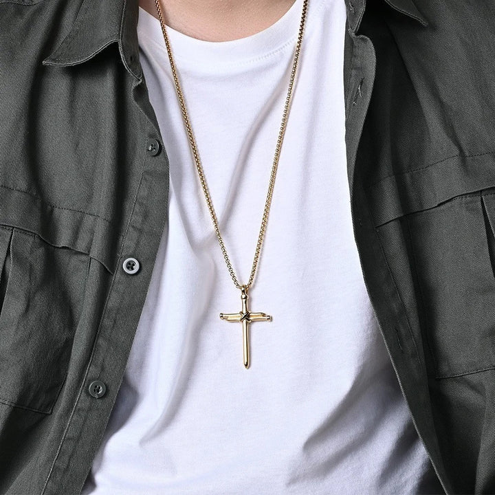 BlessingTree Nail Cross Necklace Stainless Steel Three Nails Pendant 60cm Box Chain