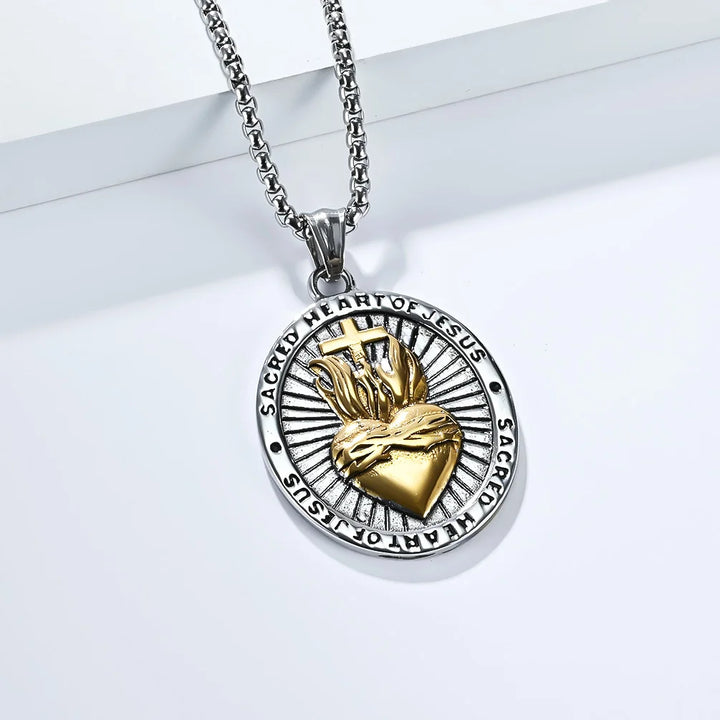 BlessingTree Sacred Heart of Jesus Medal Necklace Vintage Stainless Steel Pendant