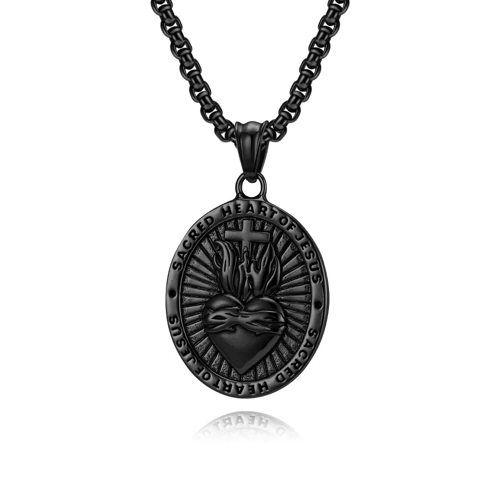 BlessingTree Sacred Heart of Jesus Medal Necklace Vintage Stainless Steel Pendant