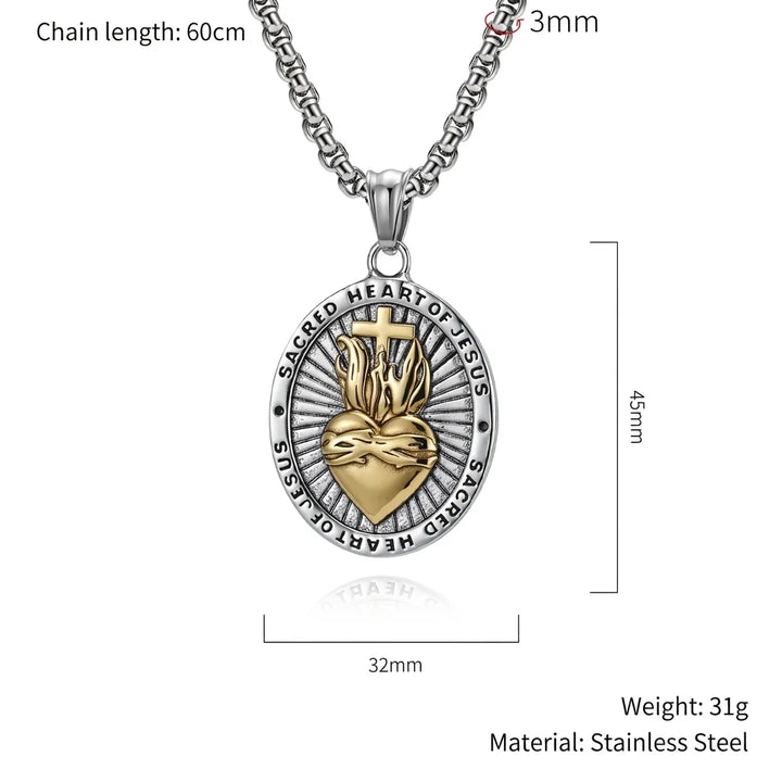 BlessingTree Sacred Heart of Jesus Medal Necklace Vintage Stainless Steel Pendant
