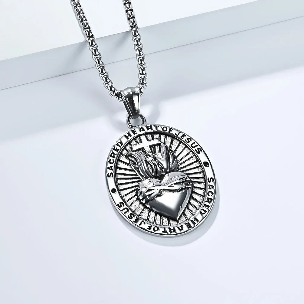 BlessingTree Sacred Heart of Jesus Medal Necklace Vintage Stainless Steel Pendant