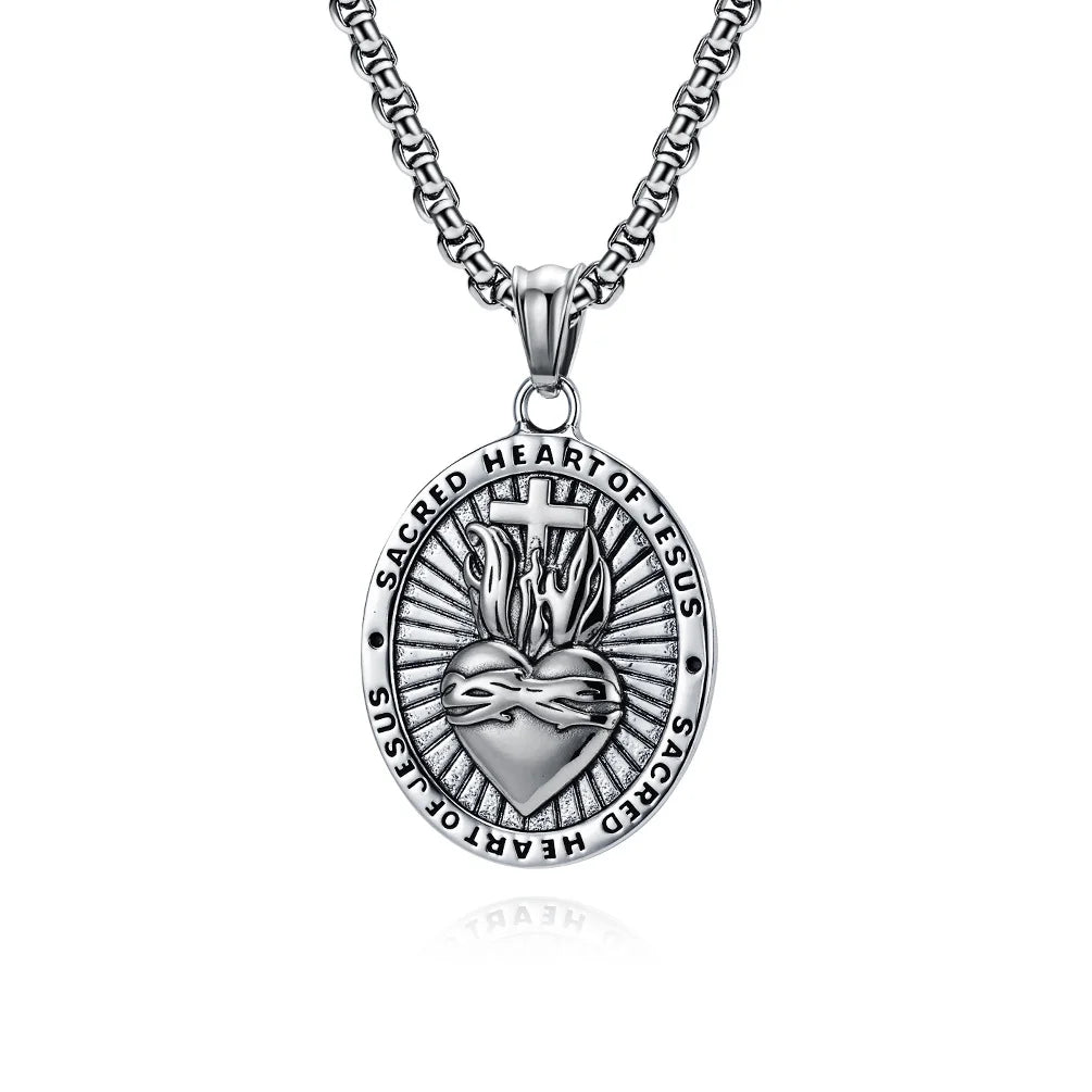 BlessingTree Sacred Heart of Jesus Medal Necklace Vintage Stainless Steel Pendant