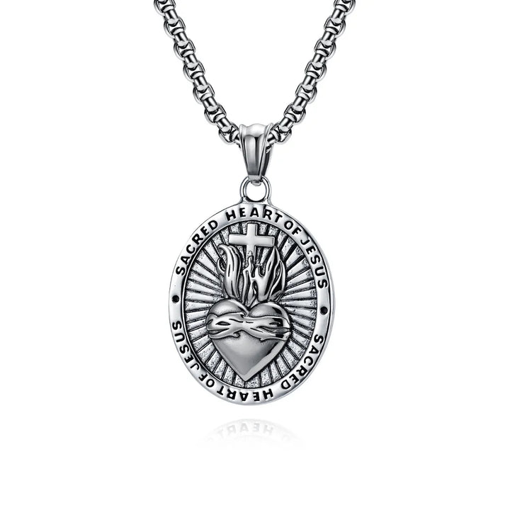 BlessingTree Sacred Heart of Jesus Medal Necklace Vintage Stainless Steel Pendant