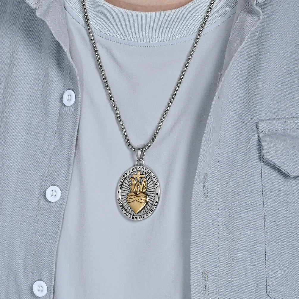 BlessingTree Sacred Heart of Jesus Medal Necklace Vintage Stainless Steel Pendant