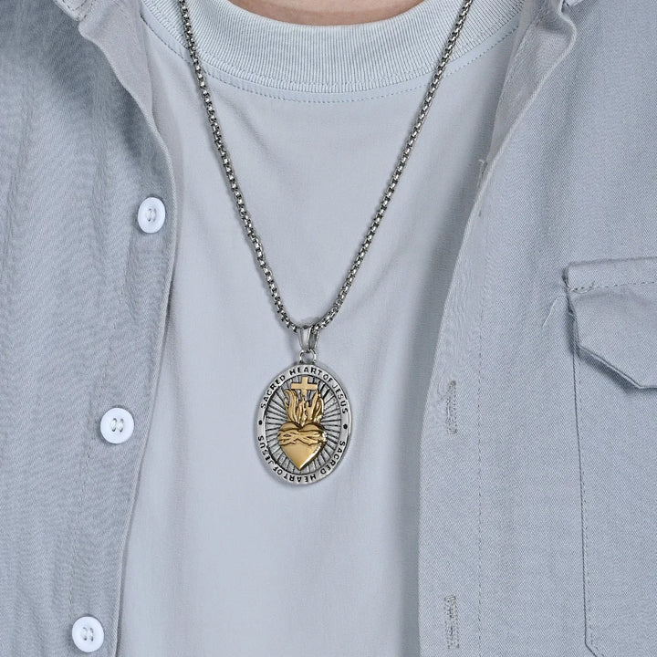 BlessingTree Sacred Heart of Jesus Medal Necklace Vintage Stainless Steel Pendant