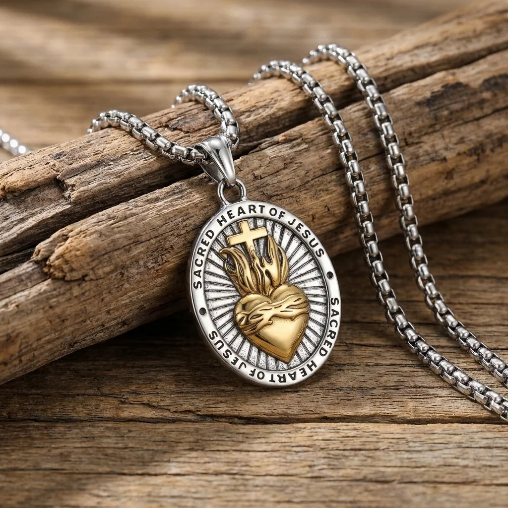 BlessingTree Sacred Heart of Jesus Medal Necklace Vintage Stainless Steel Pendant