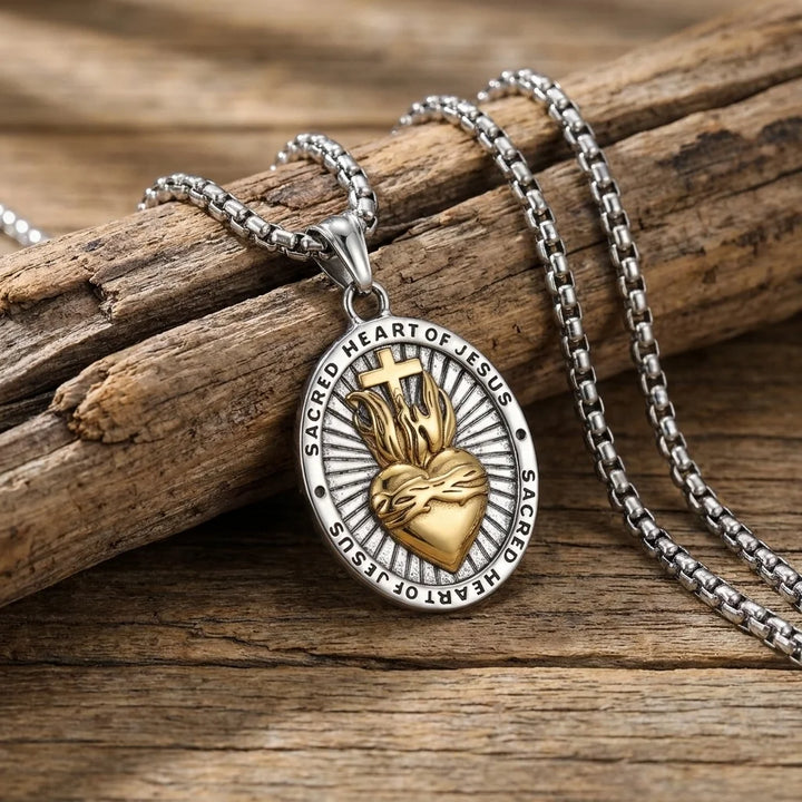 BlessingTree Sacred Heart of Jesus Medal Necklace Vintage Stainless Steel Pendant