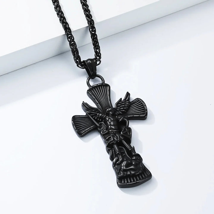 BlessingTree Archangel St. Michael Cross Necklace Vintage Stainless Steel Catholic Pendant