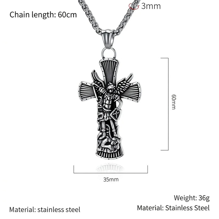 BlessingTree Archangel St. Michael Cross Necklace Vintage Stainless Steel Catholic Pendant