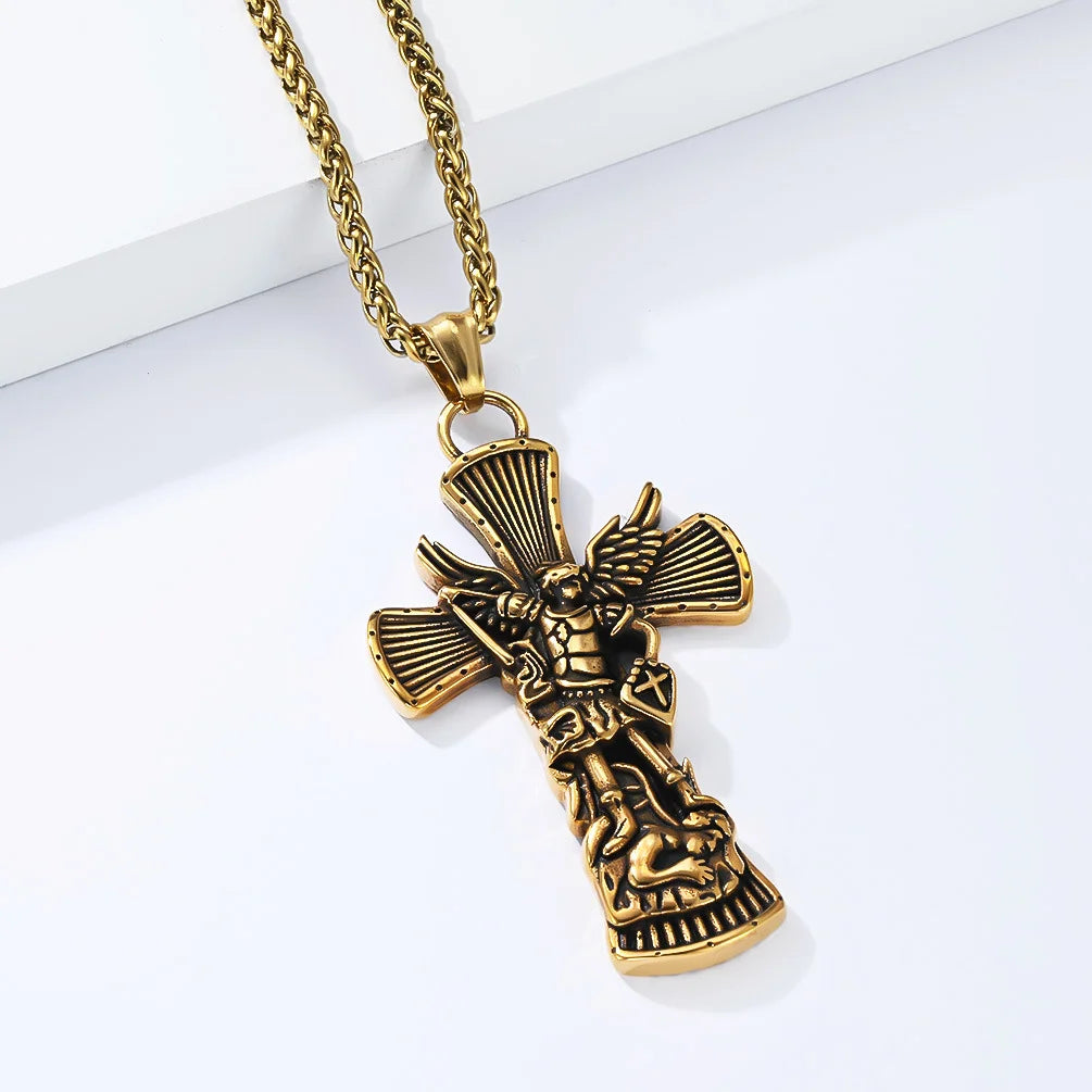 BlessingTree Archangel St. Michael Cross Necklace Vintage Stainless Steel Catholic Pendant