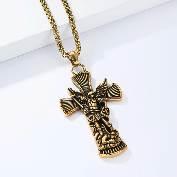 BlessingTree Archangel St. Michael Cross Necklace Vintage Stainless Steel Catholic Pendant
