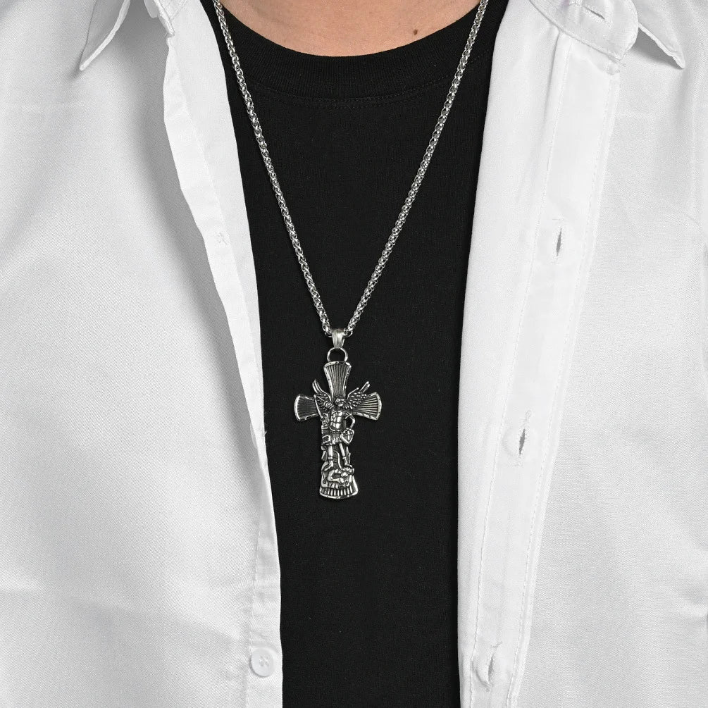 BlessingTree Archangel St. Michael Cross Necklace Vintage Stainless Steel Catholic Pendant