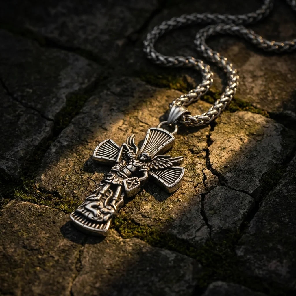 BlessingTree Archangel St. Michael Cross Necklace Vintage Stainless Steel Catholic Pendant