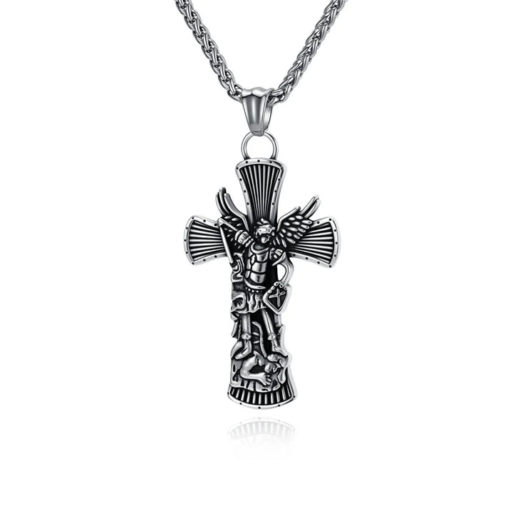 BlessingTree Archangel St. Michael Cross Necklace Vintage Stainless Steel Catholic Pendant